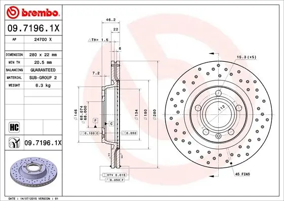 Диск гальмівний вентильований Audi A4 B5, A4 B7, A4 B6, A8 D2 94-13р Brembo (09.7196.1X) - фото 2