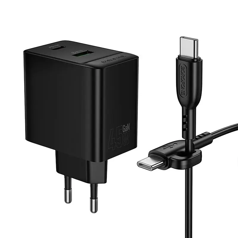 СЗУ Borofone BAS16A Erudite PD45W+QC3.0 (1USB-A/1C) + кабель Type-C to Type-C Black - фото 4
