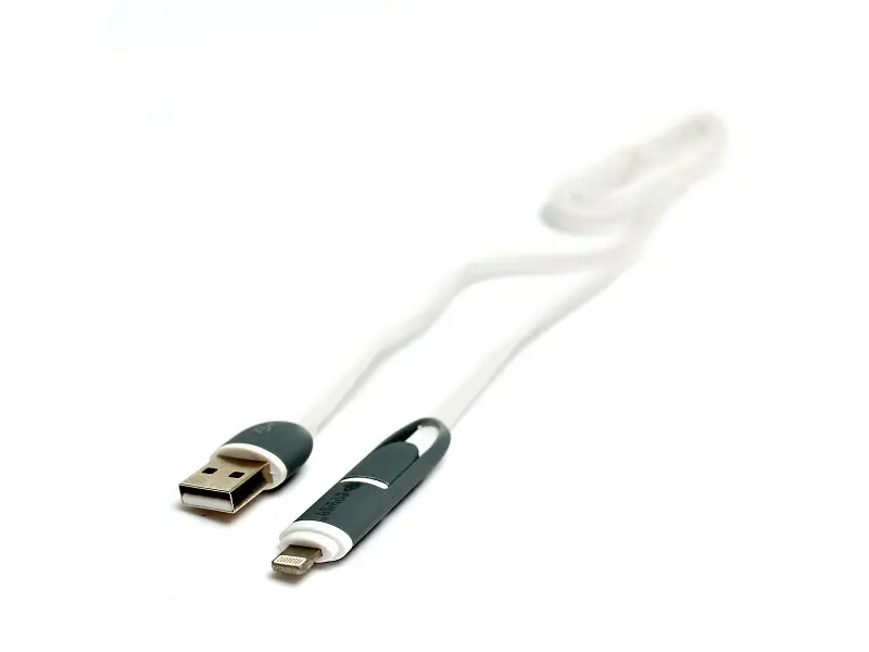 Кабель PowerPlant Quick Charge 2A 2-в-1 flat USB 2.0 AM – Lightning/Micro 1м white (KD00AS1292)