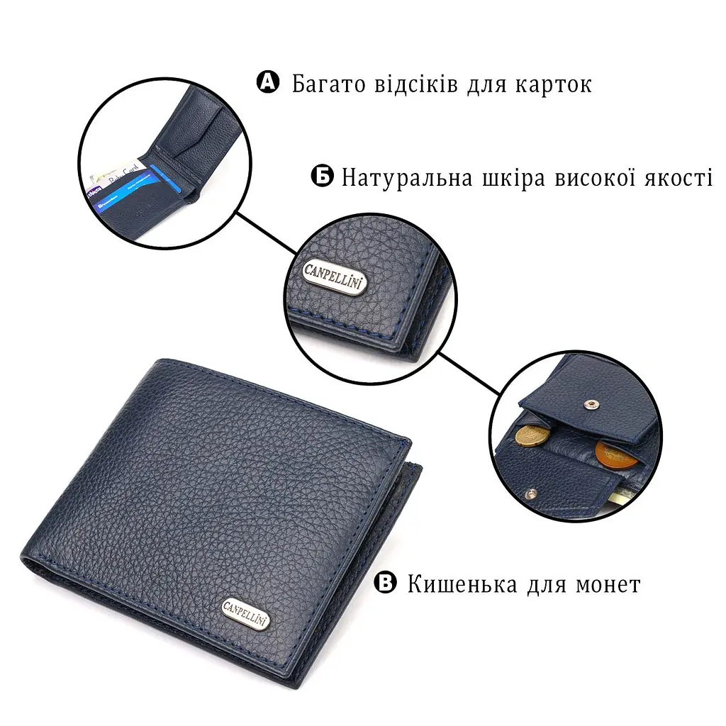 Горизонтальне чоловіче портмоне із натуральної зернистої шкіри Canpellini 21776 синє - фото 7