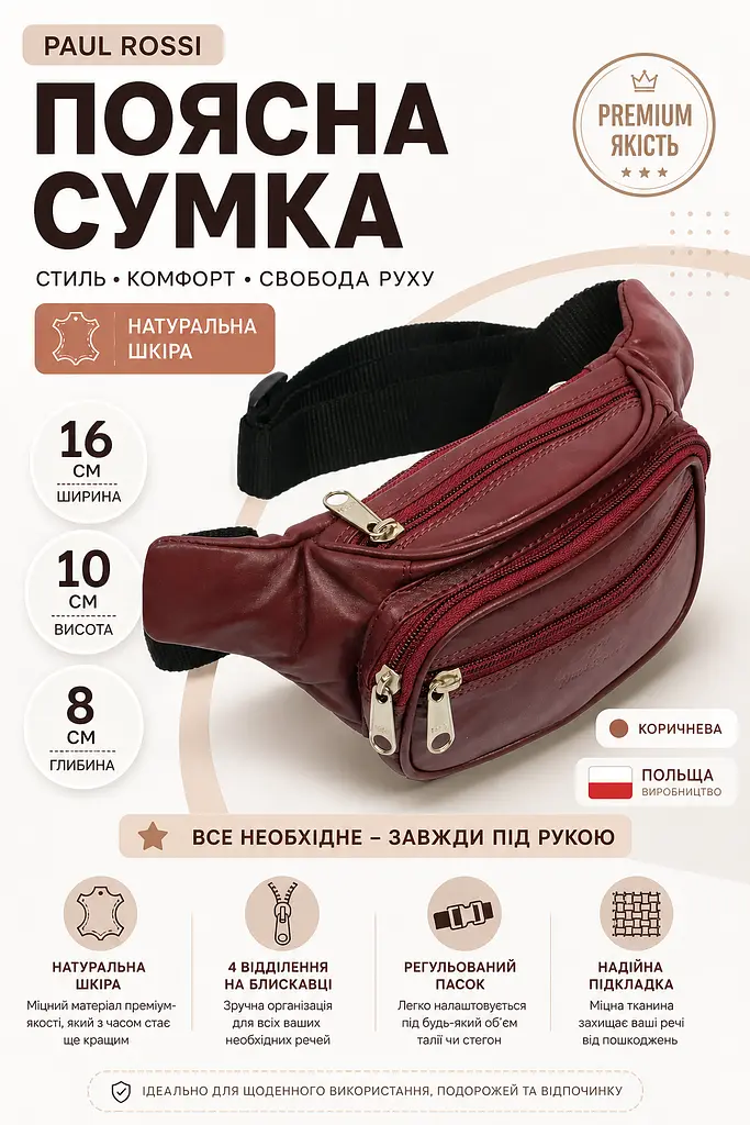 Сумка поясна Paul Rossi 908-N шкіряна 16х10х8 см Коричнева - фото 3