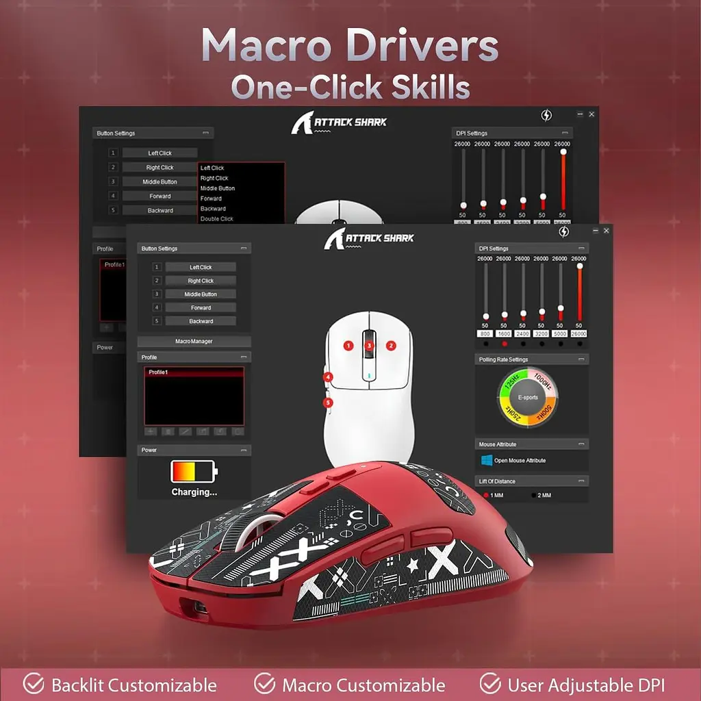 Мишка ATTACK SHARK X6 Red + Док-станція RGB | Сенсор PAW3395 | 65 годин акум - фото 5