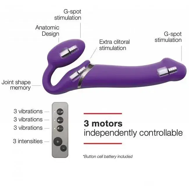 Безремневый страпон Strap-On-Me Vibrating Violet M регулируемый с вибрацией и пультом ДК диаметр 3.3 см. - фото 5