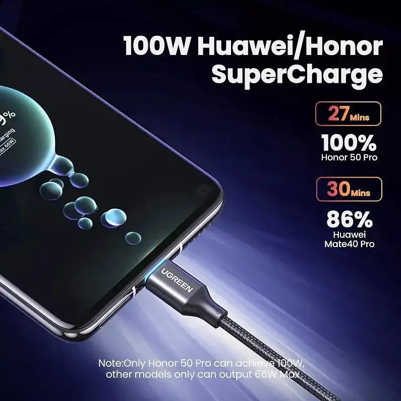 Зарядний кабель Ugreen Type-C 6A 100W Huawei Supercharge 1М Black Nylon, 50567 (US279) - фото 3