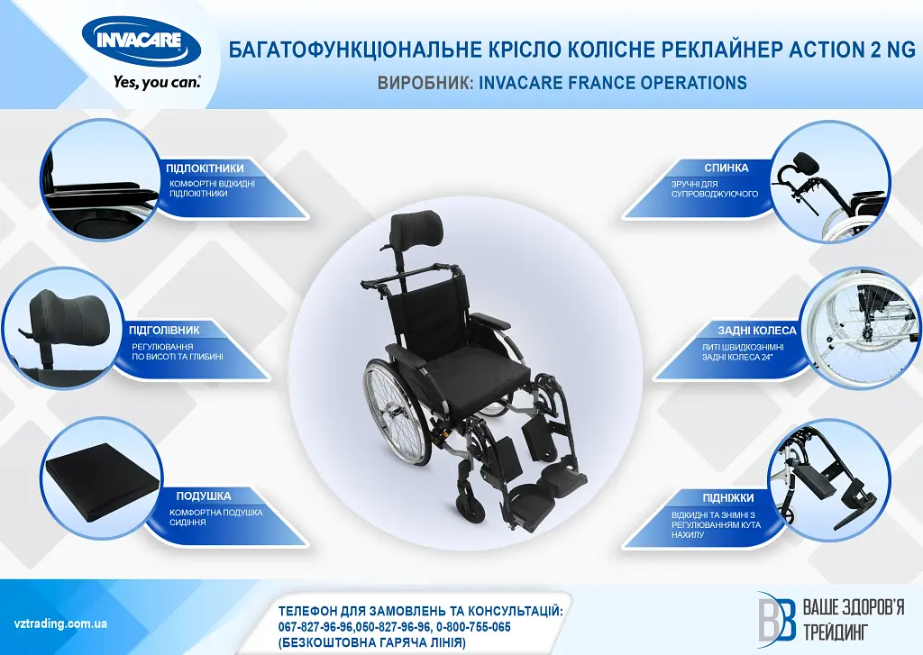 Багатофункціональне крісло колісне реклайнер Invacare Action 2 NG (Action 2 Rec/43,0-2092) - фото 6