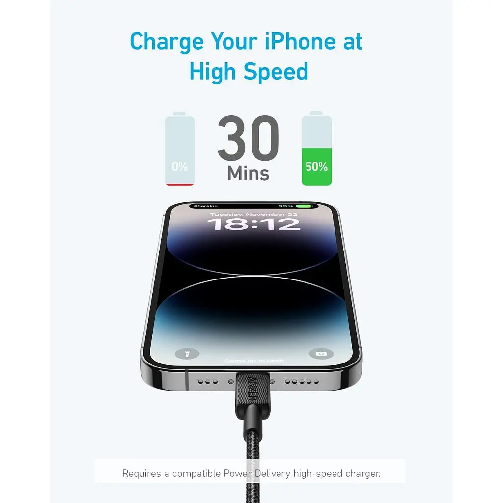 Дата кабель USB-C to Lightning 1.8m nylon 322 black Anker (A81B6G11) - фото 2