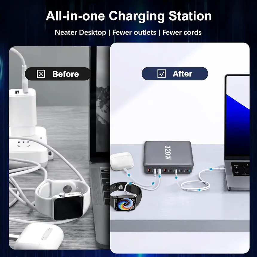Зарядная станция ILEPO 320W многопортовая на 4 USB + 4 Type-C / сетевое мультизарядное устройство Black (19026) - фото 7