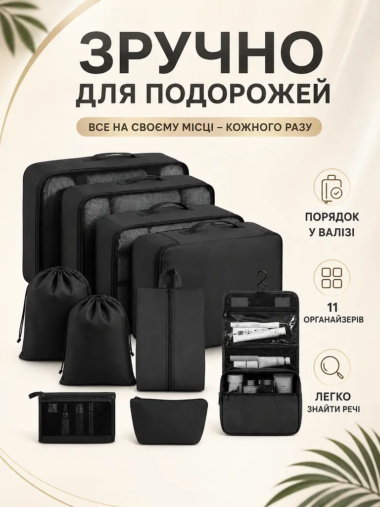 Набір дорожніх органайзерів для валізи 11 в 1 для одягу, взуття та косметики чорний (49676175) - фото 2