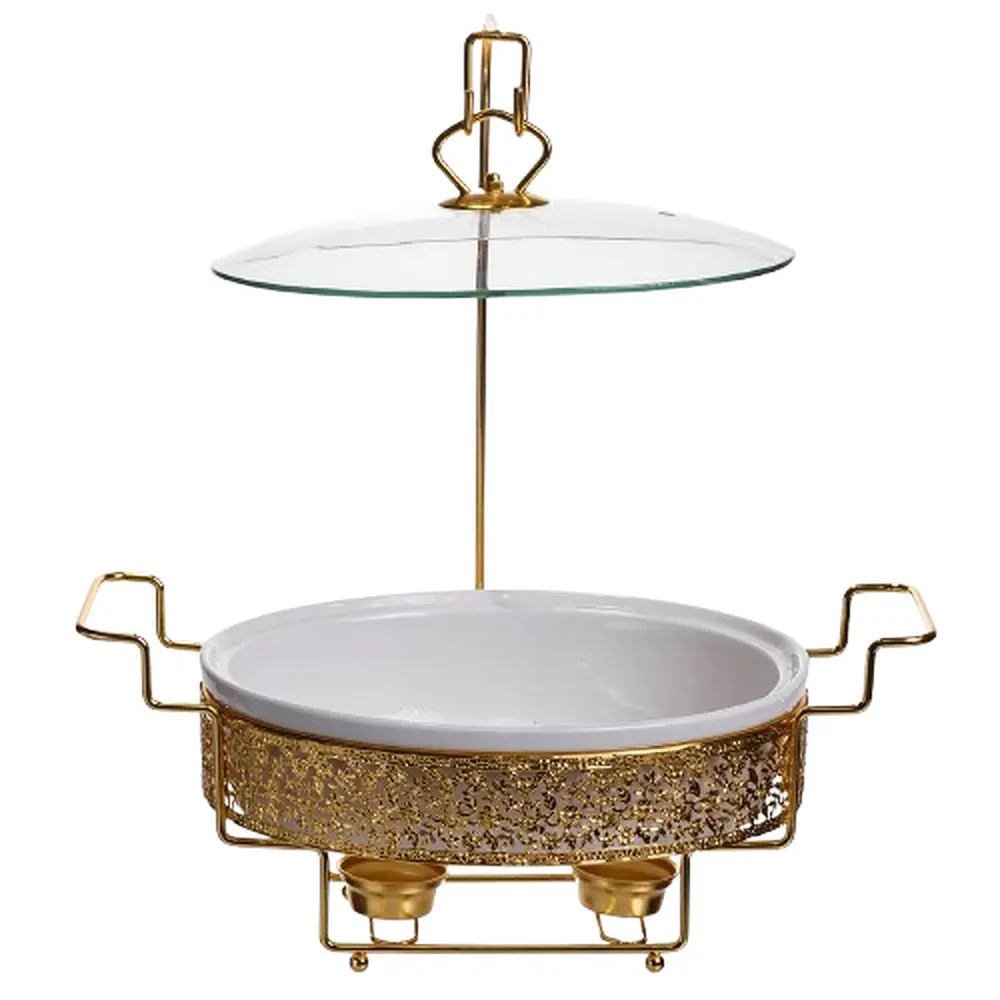 Мармит фарфоровый настольный овальный 2 л на подставке Золотистый Yiwu YL-75 - фото 3