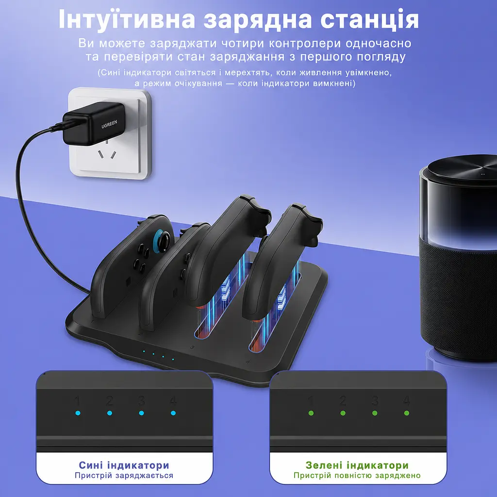 Док-станція OdiuK SN006 4-в-1 для Nintendo Switch 2 Joy-Con магнітна зарядна станція чорна (SKU-031) - фото 4