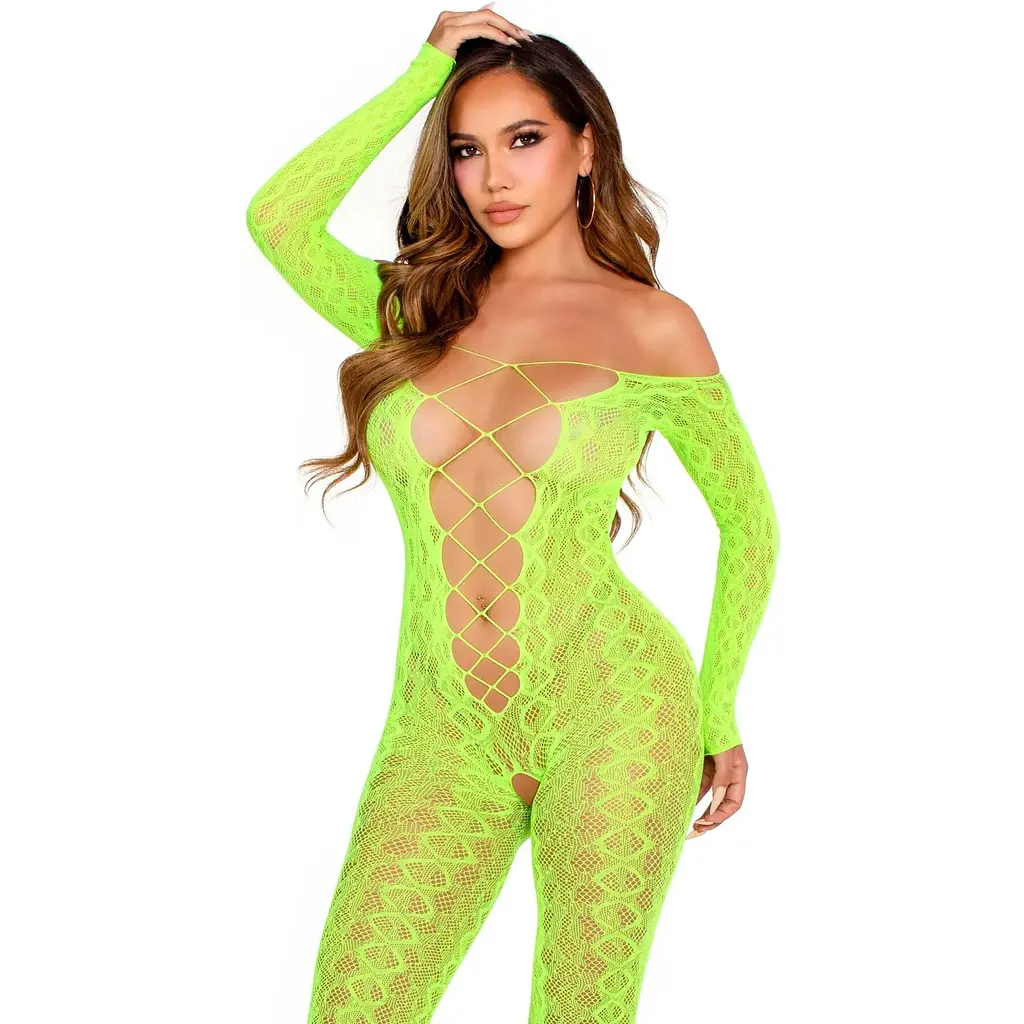 Бодістокінг Leg Avenue Crotchless Footless Lingerie Bodystocking One Size Neon Green - фото 3