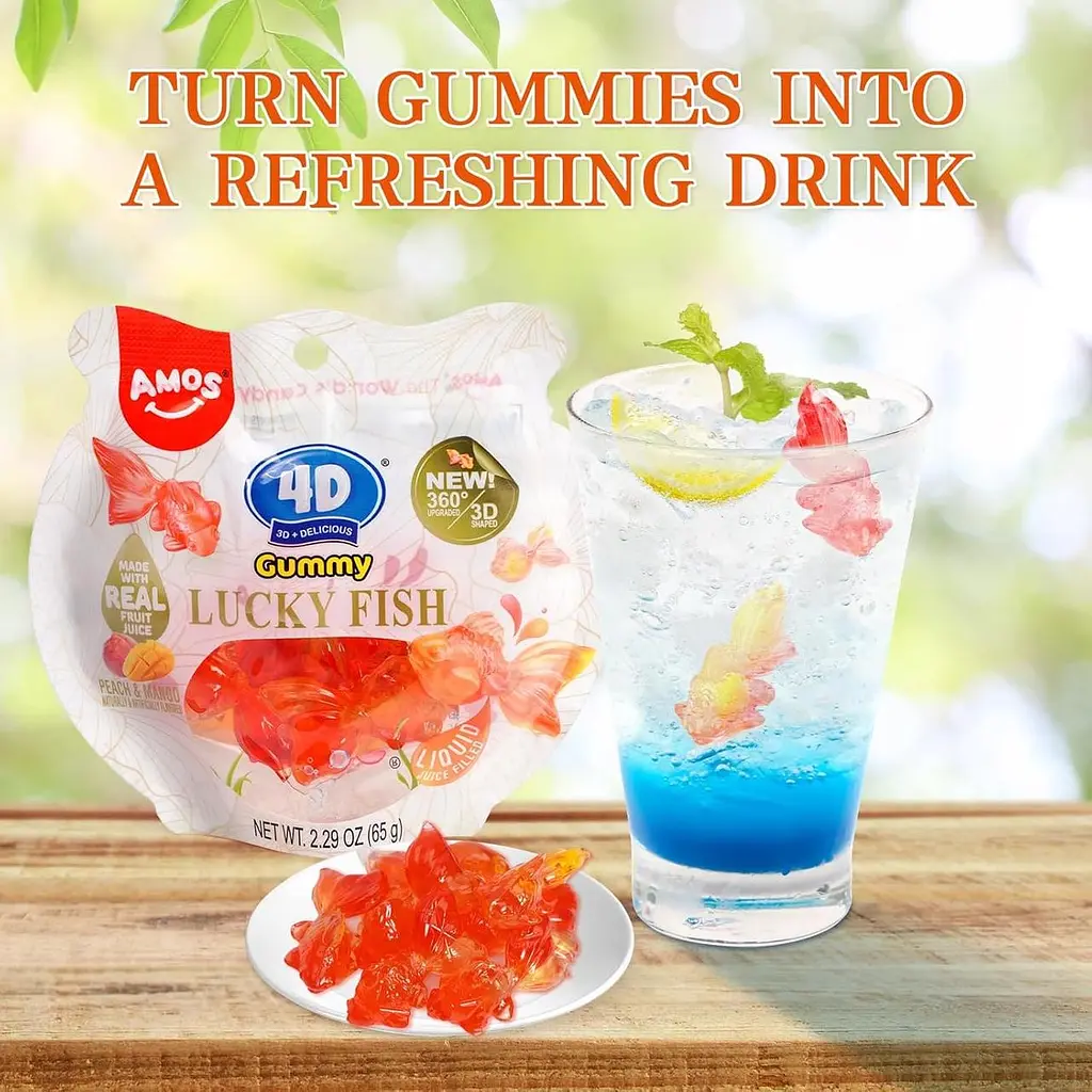 Жувальні цукерки Amos 4D Fruit Gummies Lucky Fish Peach Mango Flavour 112г - фото 4