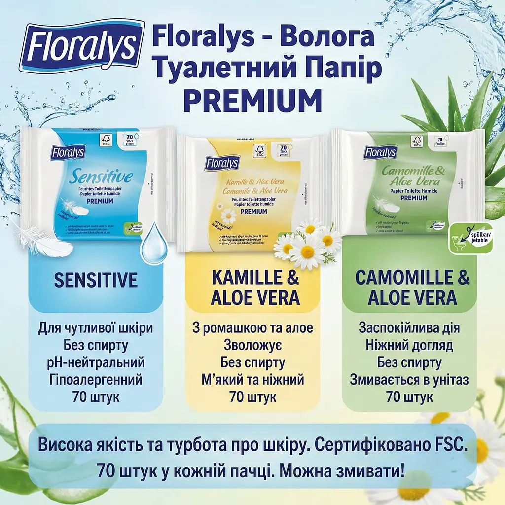 Вологий туалетний папір Floralys Premium Camomille & Aloe Vera м'який 70 шт. змивається - фото 4