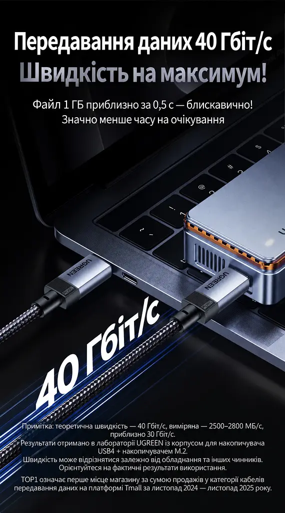 Кабель UGREEN L705 USB-C - USB-C USB4 40 Гбіт/с PD 240 Вт 1 м чорний (65175) - фото 3