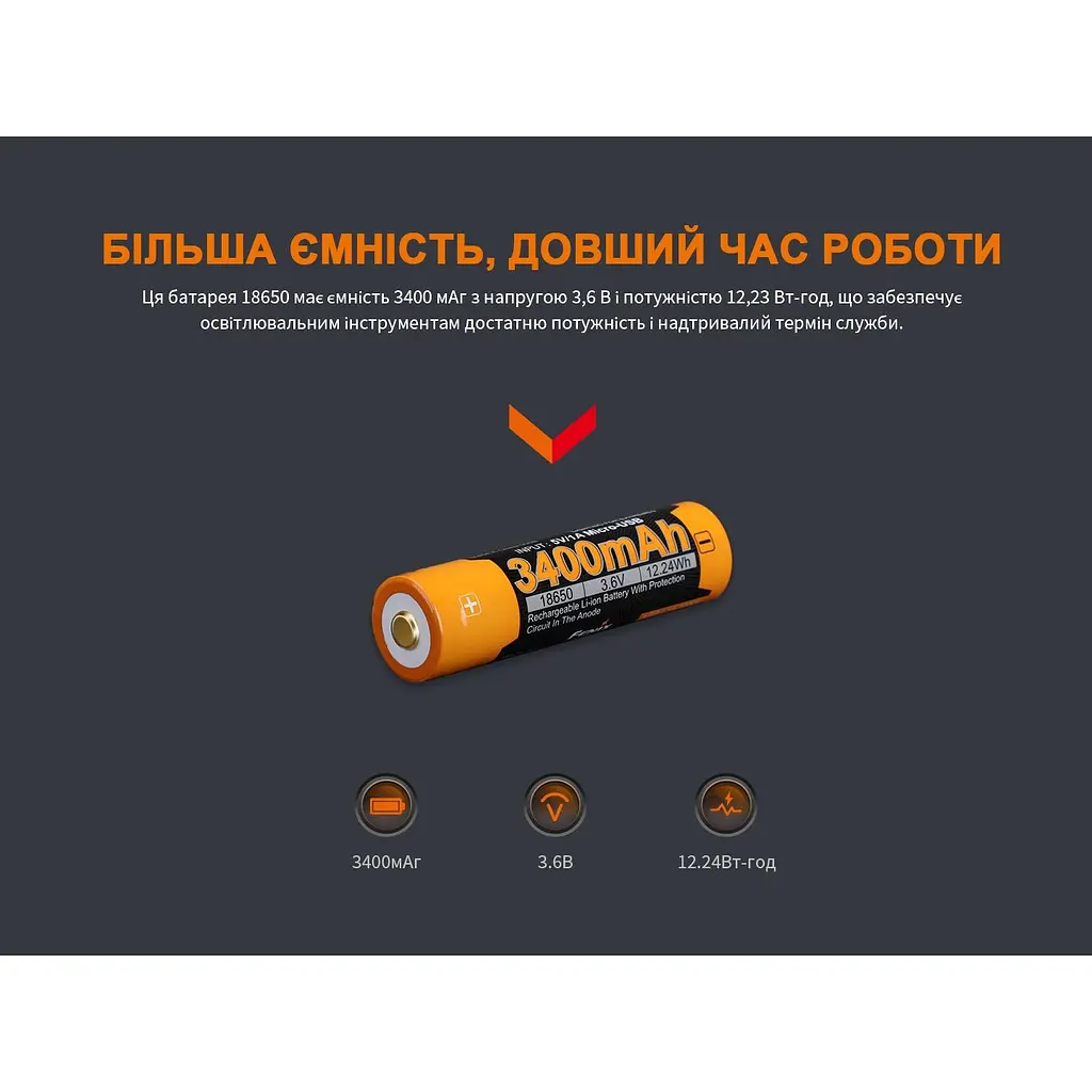 Акумулятор Fenix 18650 (3400 mAh) micro usb зарядка - фото 7