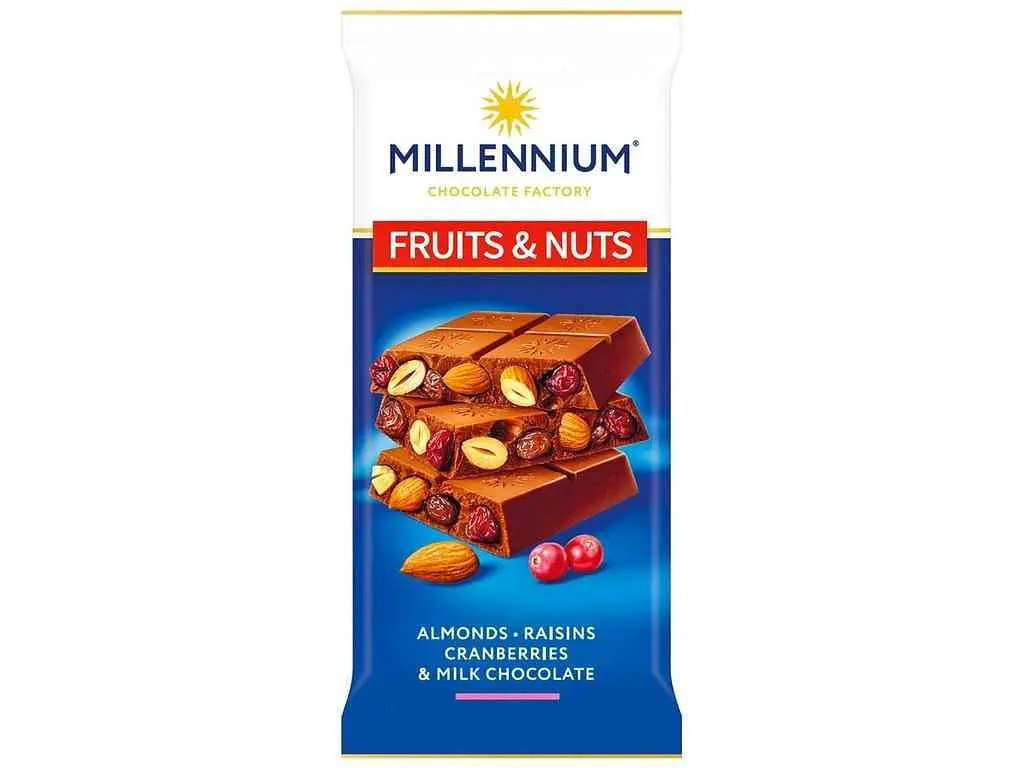 Шоколад молочний MILLENNIUM 90г Fruits&Nuts з мигдалем, журавлиною та родзинками 90г