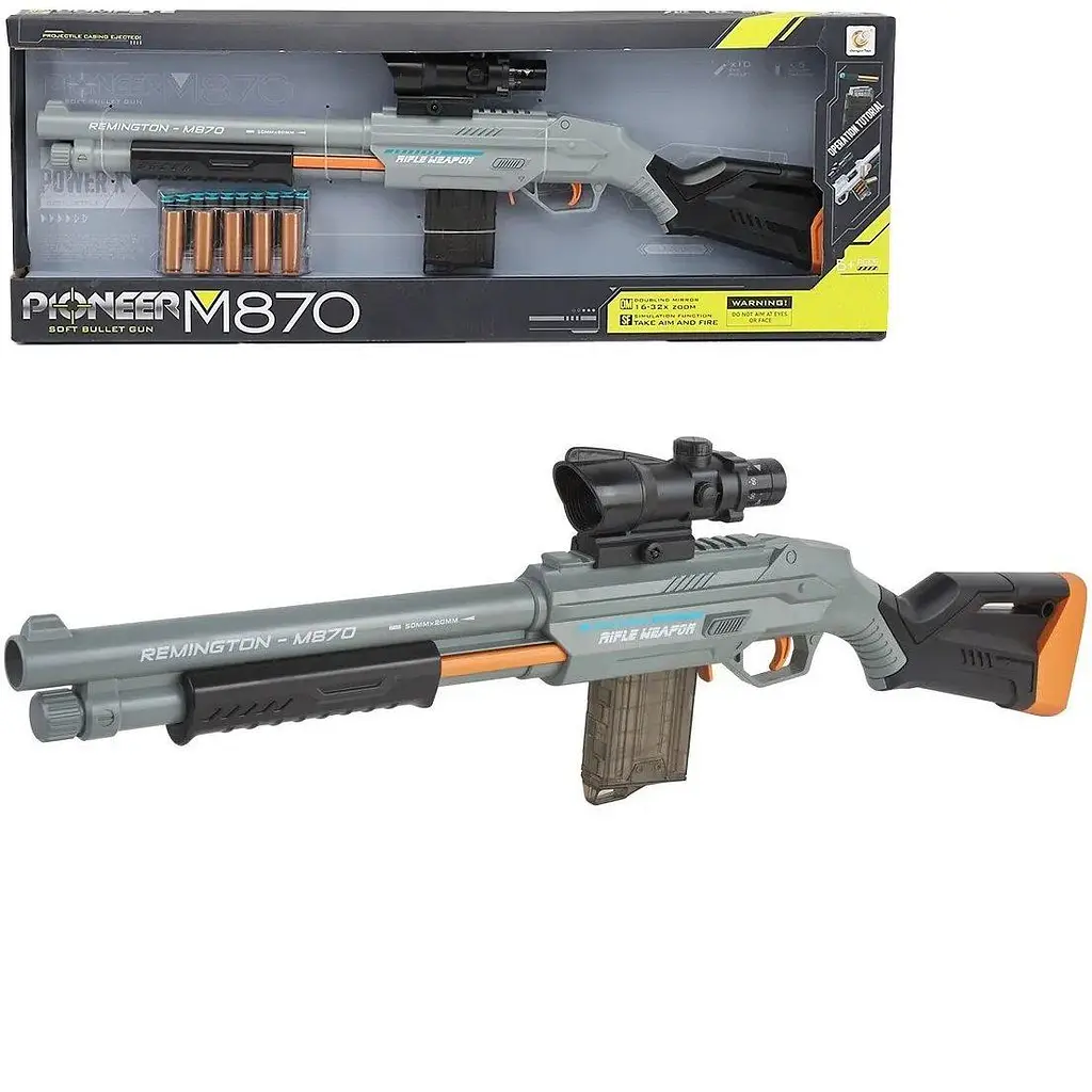 Іграшковий бластер Remington M870 з гільзами що вилітають, м’які кулі з присосками 10 шт, снайперський приціл, подарунок дітям - фото 2