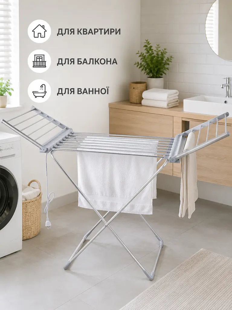 Електрична сушарка для білизни складана 18 прутів 146×55×74 см 230 W до 15 кг (49676054) - фото 3