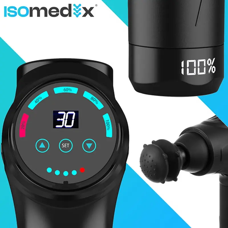 Масажний пістолет перкусійний Isomedix 26441, акумуляторний масажер 45 Вт, 12 насадок, 30 рівнів, чорний - фото 3