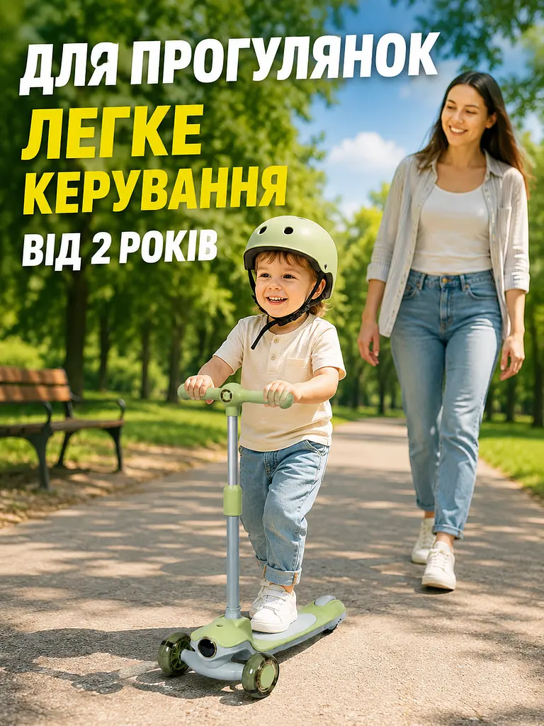 Дитячий самокат триколісний зелений з підсвічуванням коліс музикою та регульованим кермом (49675966) - фото 4