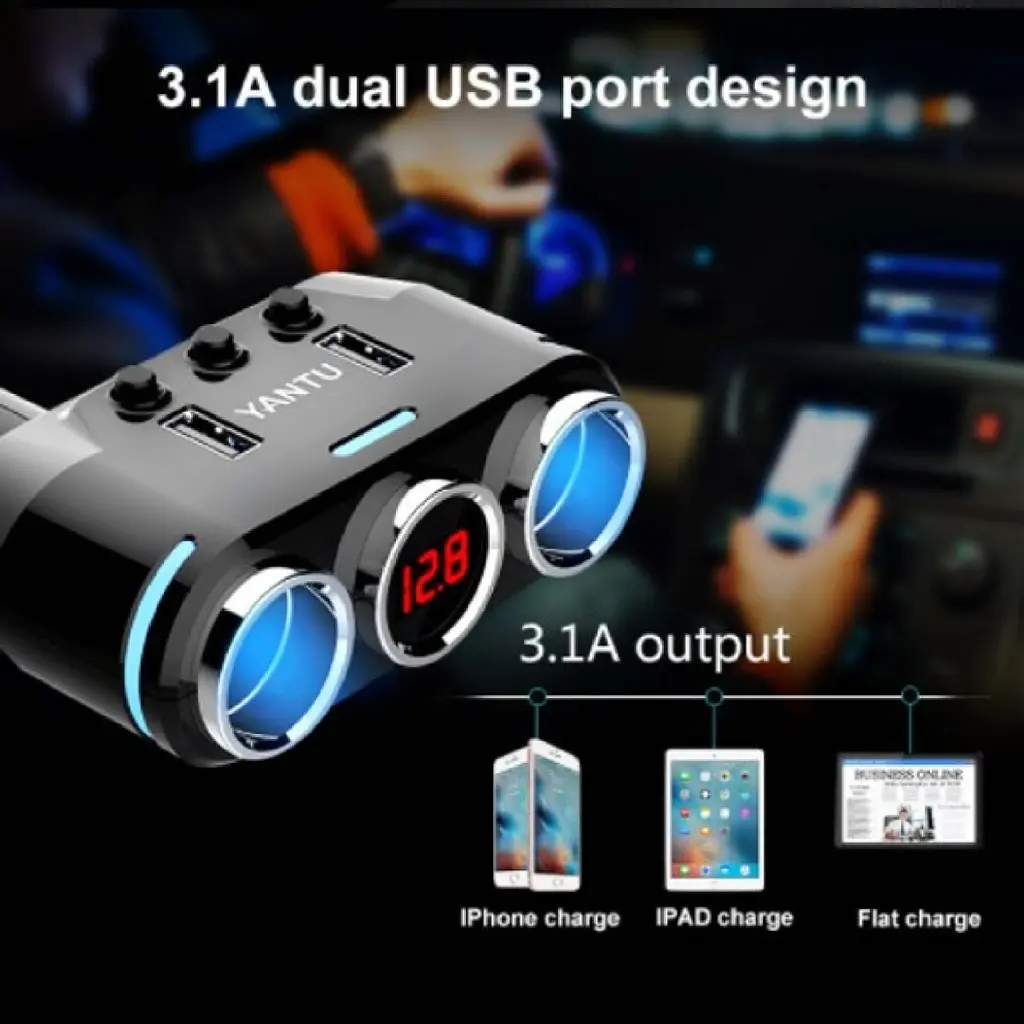 Автомобільний розгалужувач прикурювача YANTU 3 в 1 USB 12/24 V Type C - фото 2