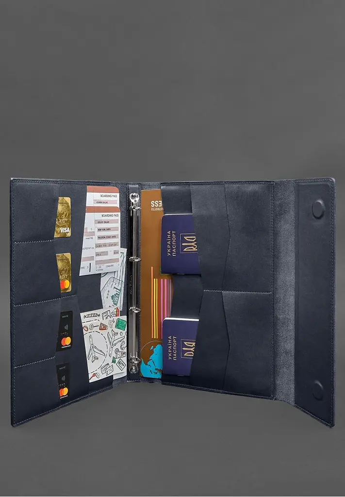 Кожаная папка для документов "Семейная" А4 на сегрегаторе с файлами темно-синяя - фото 7