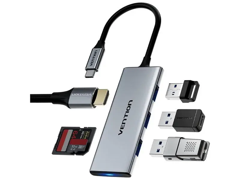 USB-хаб + картридер Vention 6-in-1 0.15м Silver (TOOHB) - фото 4