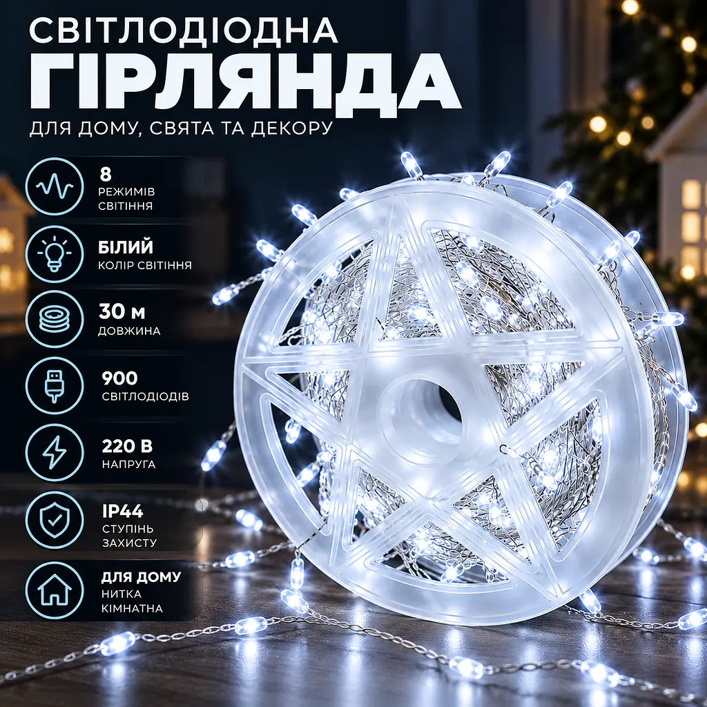Новорічна LED - гірлянда мішура Xmas «Краплі» 30 м 900 LED, Біла, 220В, з пультом ДК - фото 2