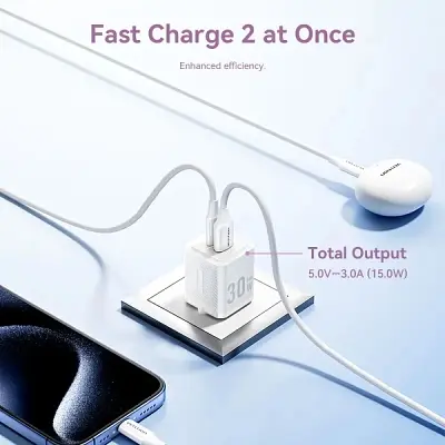 Зарядний пристрій Vention 1xUSB-C PD 30 Вт + 1xUSB QC 3.0 30 Вт GaN + кабель USB-C — USB-C 1.0 м чорний (TZ-FEQB0-EU-01) - фото 2