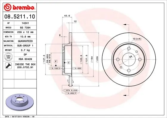 Диск гальмівний передній невентильований Ваз Samara 84-13р Brembo (08.5211.10) - фото 2