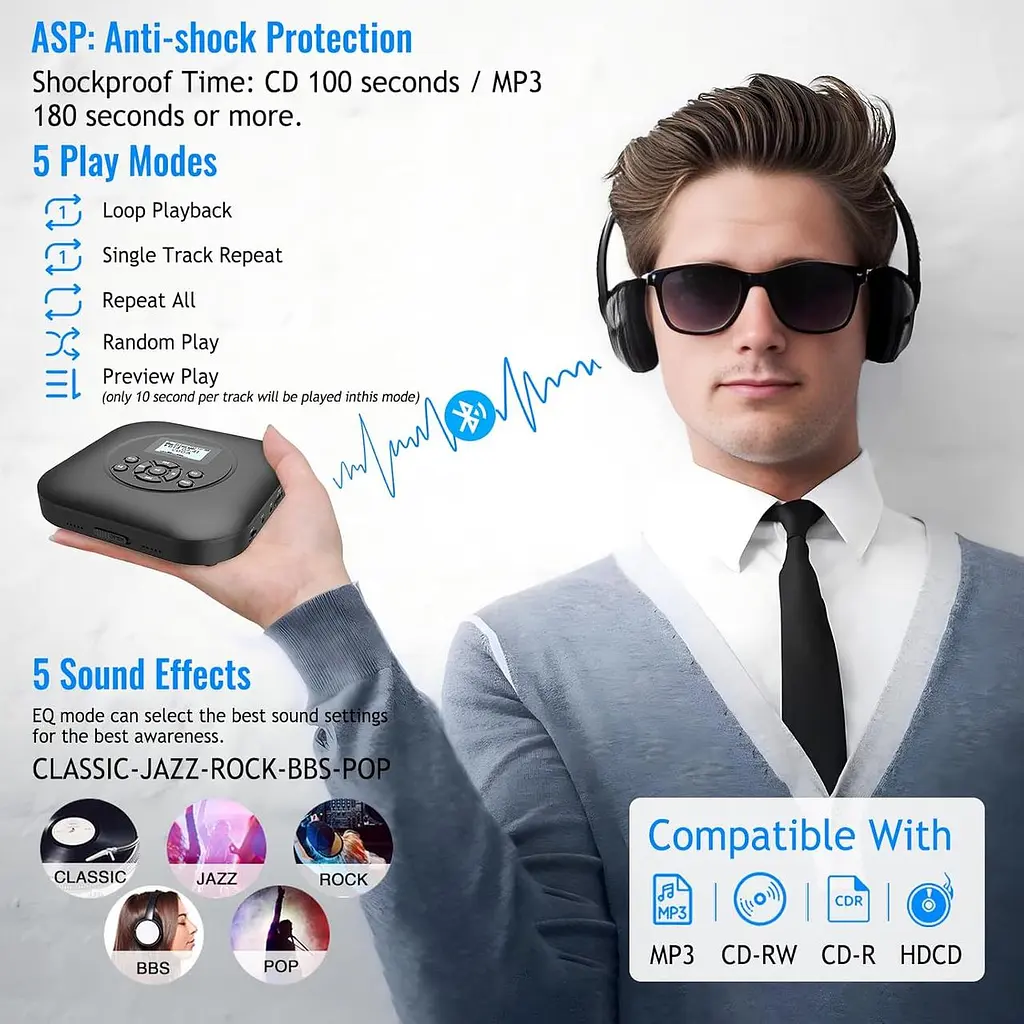 Портативний CD-плеєр CCHKFEI з Bluetooth, динаміками, акумулятором на 1800 мАг, захистом від ударів та зісковзування, навушниками - фото 4