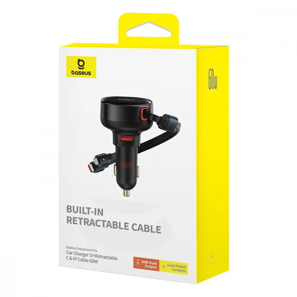 АЗП Baseus Enjoyment Pro 60W (USB) + Retractable Type-C+Lightning Cables - фото 2