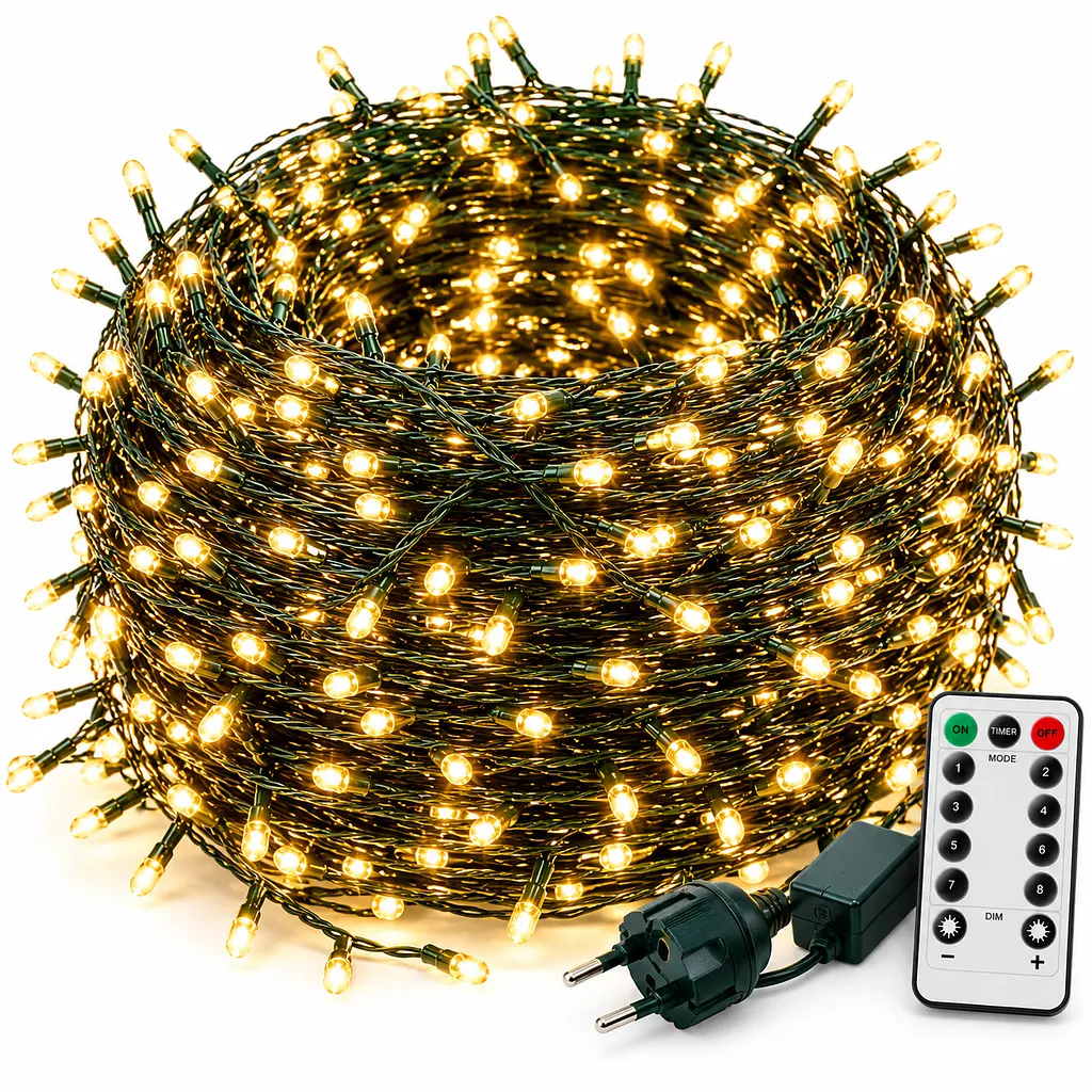 Світлодіодна гірлянда-нитка «Роса» 200 м 2000 LED, Тепле світло, Зелений дріт, 220В, з пультом ДК