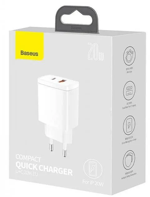 Мережевий зарядний пристрій Baseus Compact Quick Charger 1USB + Type-C 20W CCXJ-B02 White - фото 6