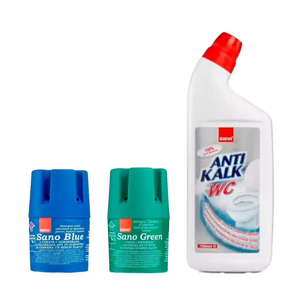Набір Sano Бачок для миття унітазу Blue Flash, Засіб для чищення унітазів Anti Kalk WC, Бачок для миття унітазу Green (287607, 287621, 935833)