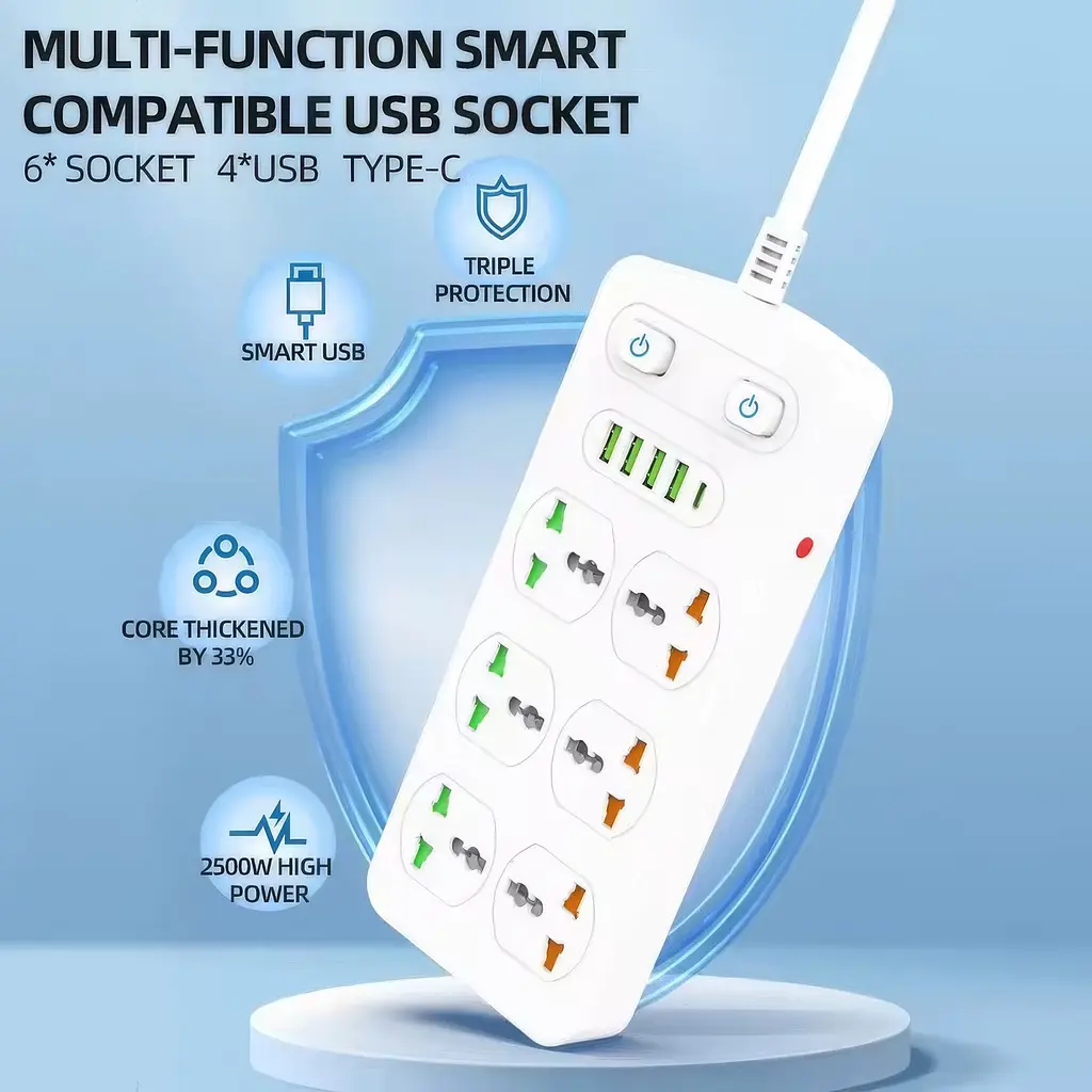 Сетевой фильтр удлинитель Power Socket AR-CP05, 6 розеток, 4 USB, Type-C, 1.8 м, белый - фото 2