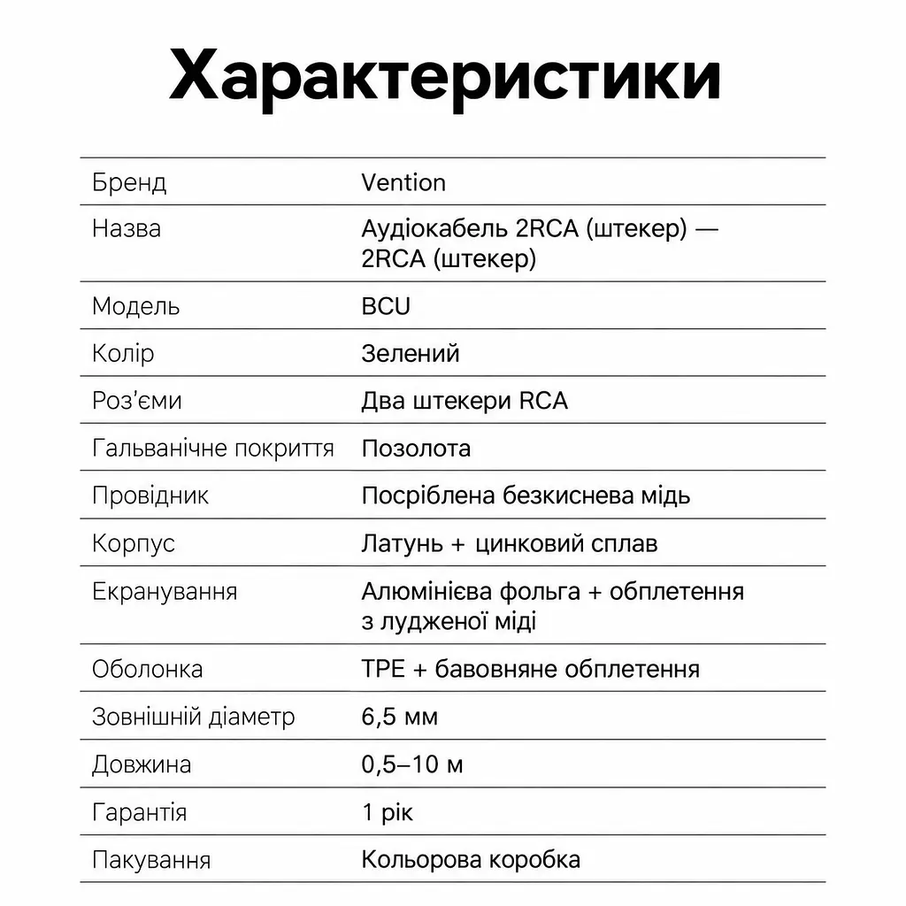 Аудіокабель для аналогового стереопідключення Vention 10 м з роз'ємами «тюльпан» по 2 штекери RCA на кожному кінці подвійне екранування від перешкод подовжений захист від натягу біля штекерів бавовняне обплетення зовнішній діаметр 6,5 мм зелений (BCUGL) - фото 2