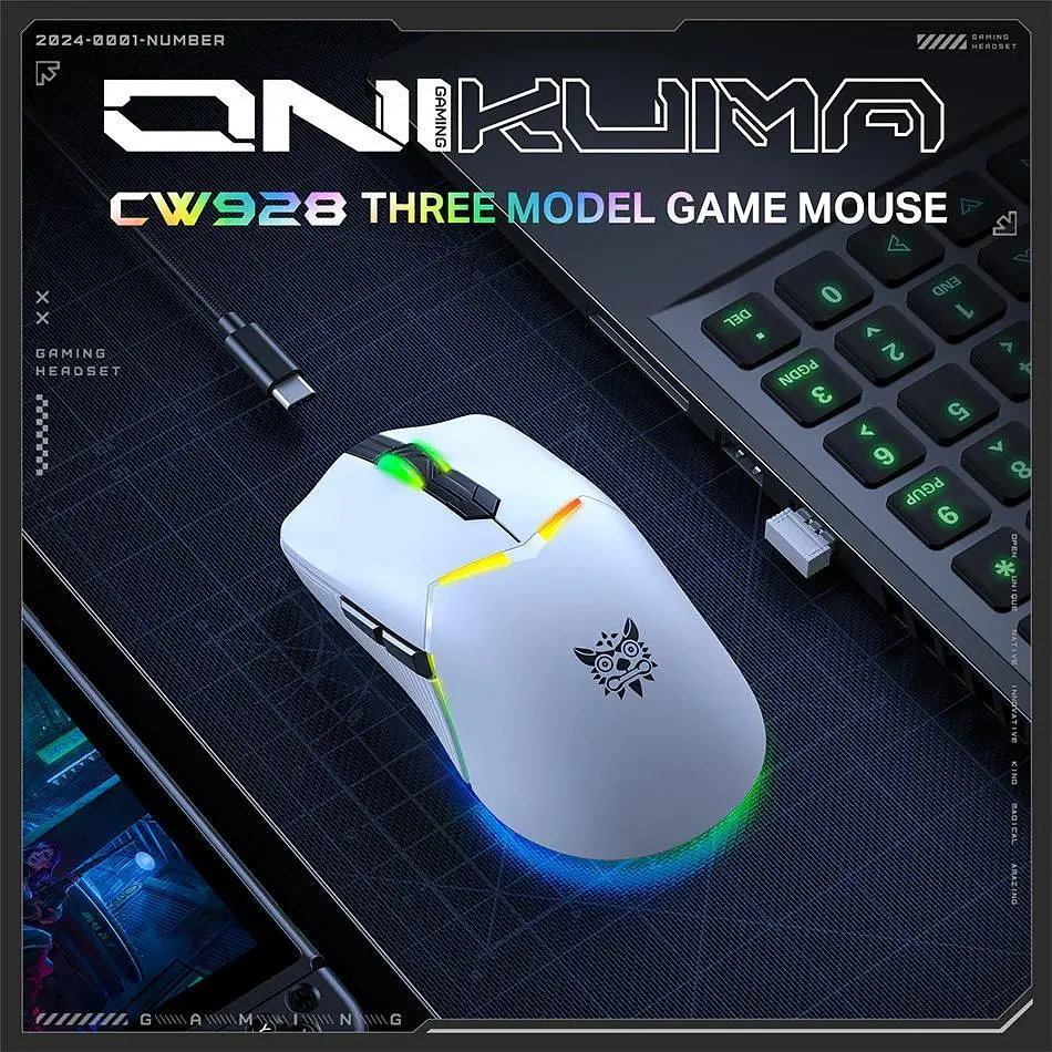 Компьютерная мышка Onikuma для ПК и ноутбука CW-98 12000 DPI Bluetooth 2.4GHz RGB подсветка Белый - фото 3
