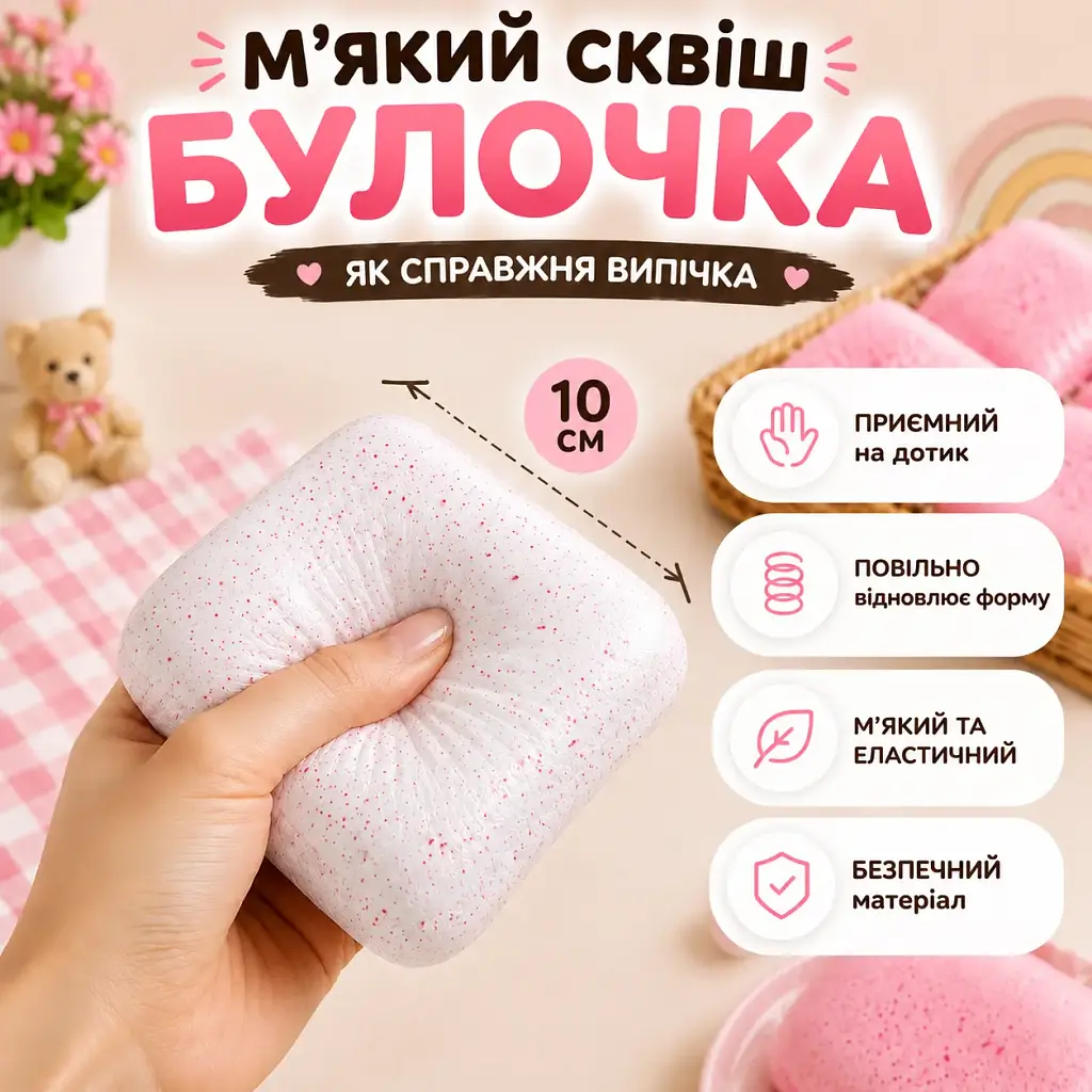 Сквіш Булочка 10 см білий Повільно відновлює форму М'який антистрес Сквіш хліб Сквіш тост Squishy bread - фото 3