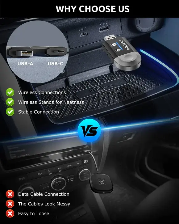 Бездротовий адаптер ESSGOO CarPlay для Apple CarPlay та Android Auto, сумісний із системами iOS 10+ та Android 11+ - фото 2