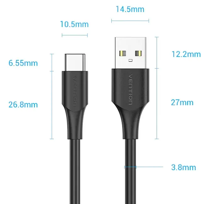 Кабель USB 2.0 AM-Type-CM, 3.0 м, 60W PVC чорний Vention - фото 3