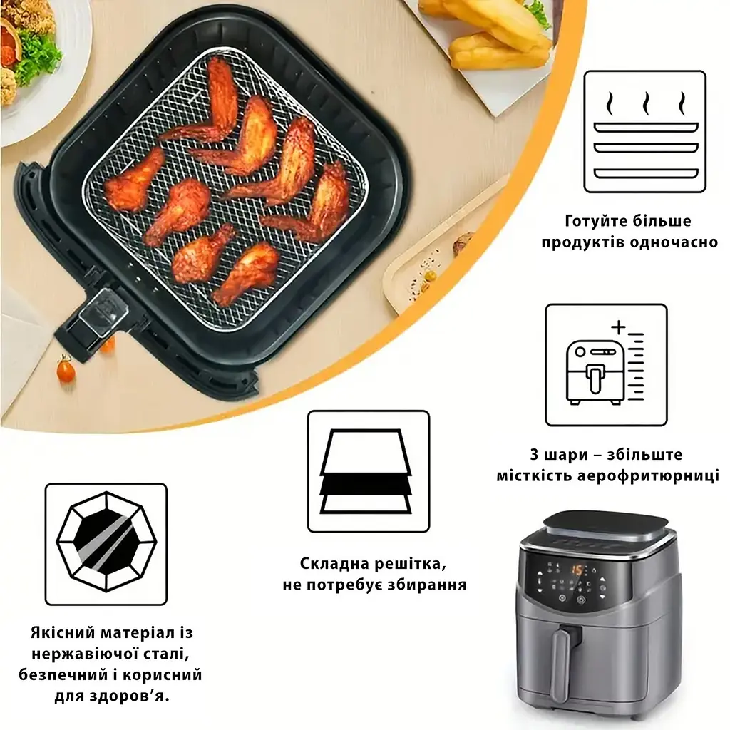 Комплект из 3-х ярусов квадратных решеток из нержавеющей стали для фритюрниц, аэрогрилей и духовых шкафов, Kitchen Master 87785 - фото 5