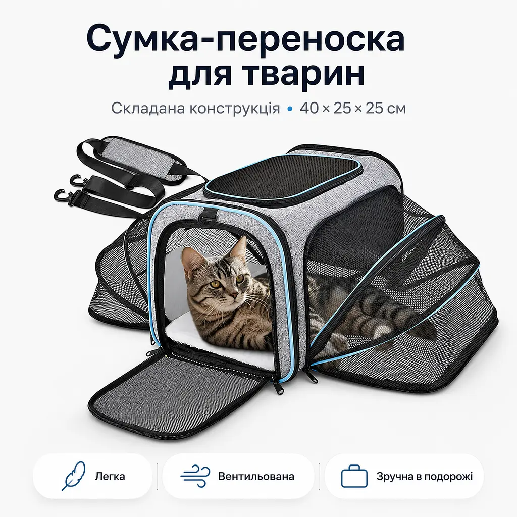 Сумка-переноска BagPet для котів розширювана складна 40×25×25 см, з вентиляційною сіткою та плечовим ременем, до 6 кг - фото 6