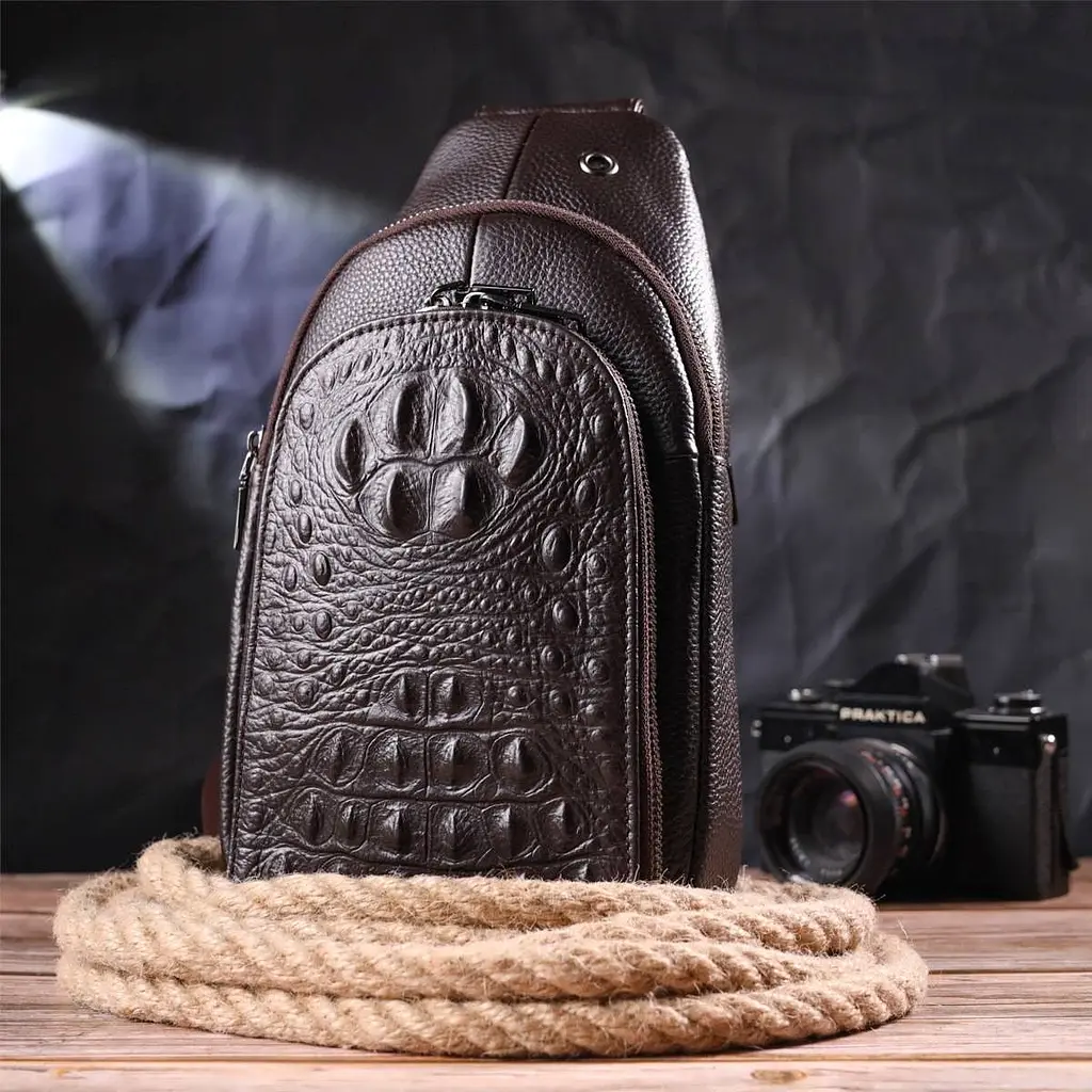 Сумка слінг чоловіча з натуральної фактурної шкіри 21401 Vintage коричневий - фото 5