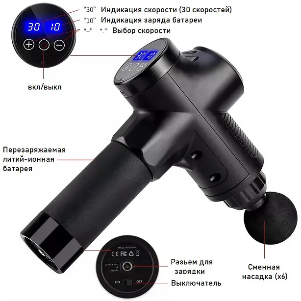 Масажер Booster Rlaxyoo S3 6 насадок 2400 мАг 30 режимів Чорний (1509753804) - фото 8