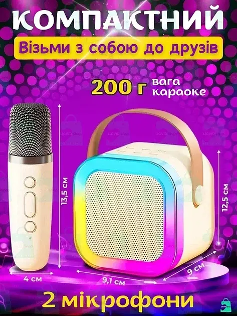 Бездротова колонка караоке з двома мікрофонами RGB підсвічування 5 режимів транслітерації 4 голоси сумісність з 3-ма пристроями - фото 7