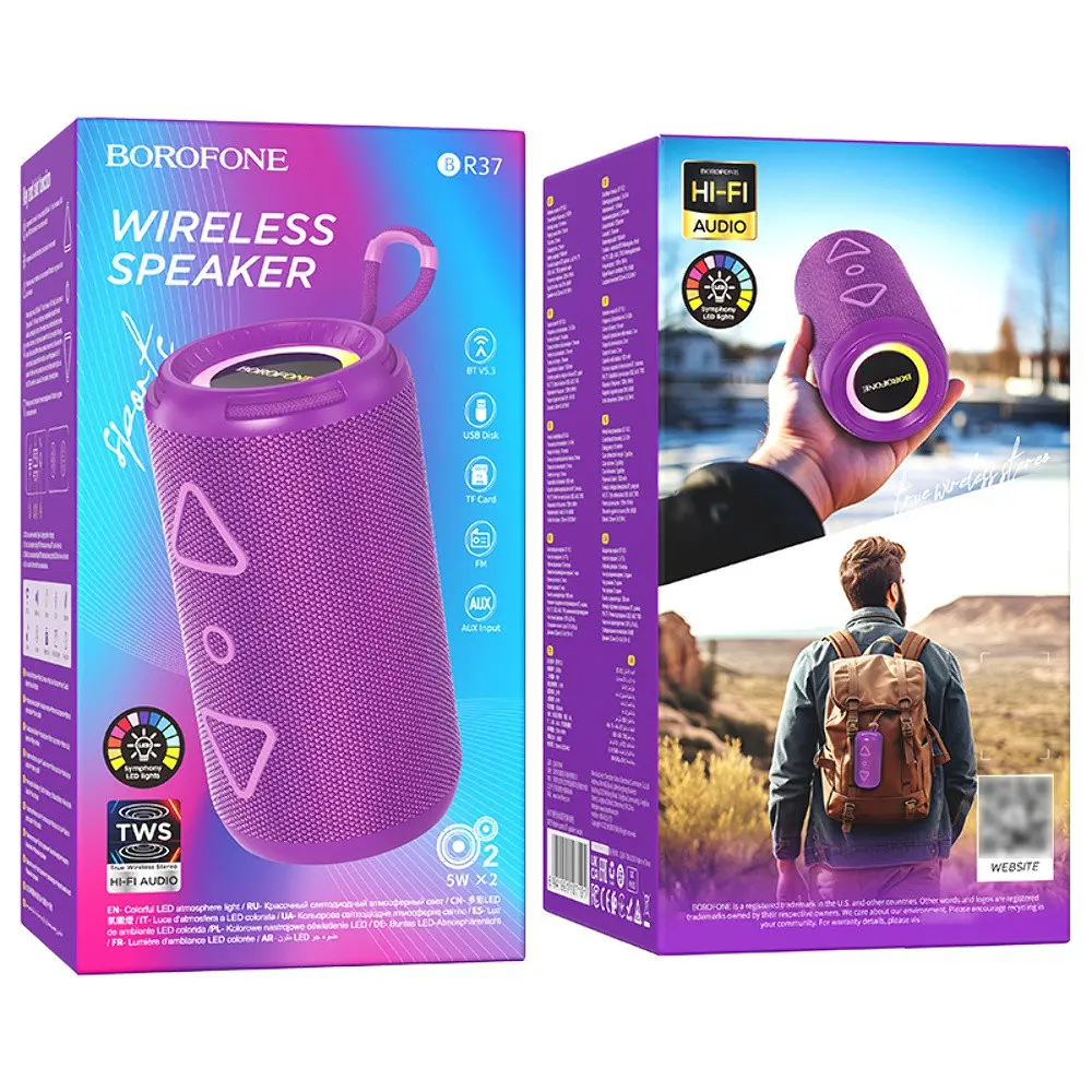 Портативна bluetooth колонка Borofone BR37 TWS з LED підсвічуванням фіолетовий - фото 4