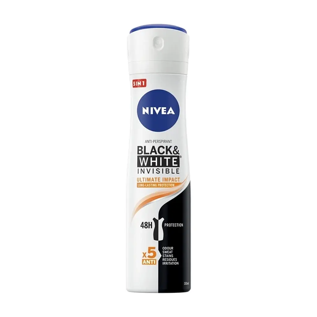 Антиперспірант Nivea Black & White Invisible Ultimate Impact 5in1 Antyperspirant Spray 150 мл (5900017074269)