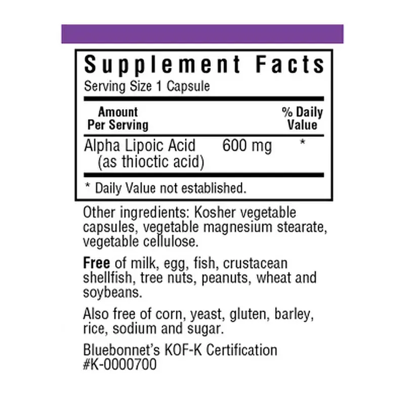 Антиоксидант Bluebonnet Nutrition Альфа-ліпоєва кислота 600 мг, 30 рослинних капсул (BLB0855) - фото 2