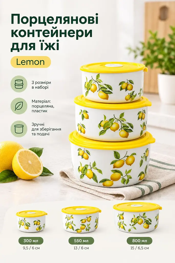 Контейнери для їжі порцелянові Lemon діаметром 9.5/13/15 см Набір харчових контейнерів для зберігання їжі із кришками 3 шт об'ємом 300/550/800 мл із принтом лимонів Білий - фото 2